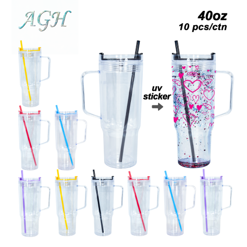 AGH US 10pcs/carton 40OZ Snow Globe Plastic double wall Snow globe acrylic cups tumbler with coloring lids and straw
