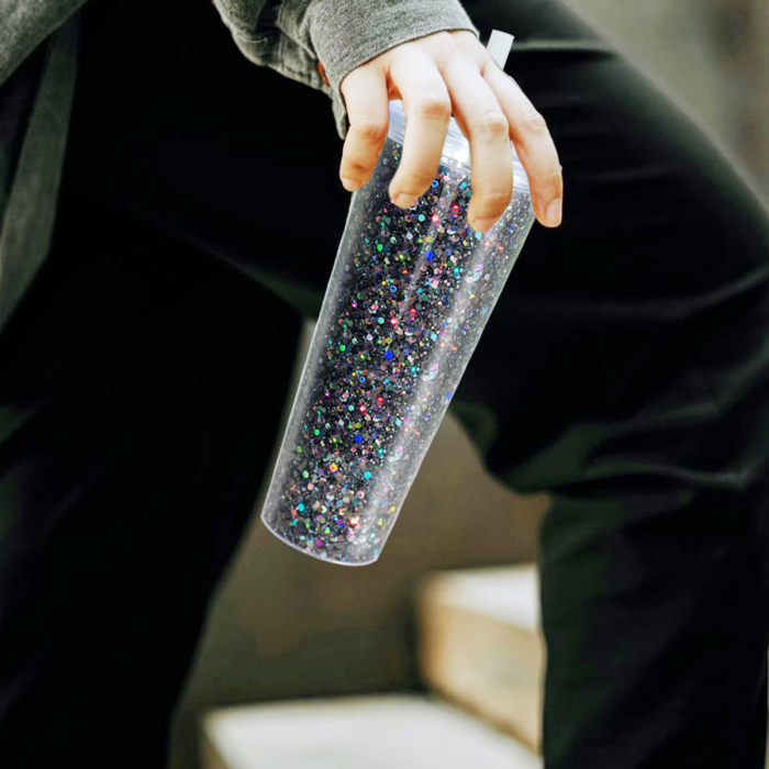 AGH US Exclusive 24OZ Plastic Leak-proof Snow Globe Double wall acrylic tumbler cups with Clear lids and bubble tea straws 10pcs/carton