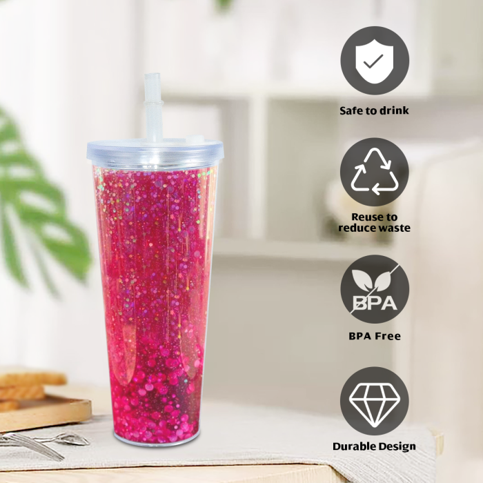 AGH US Exclusive 24OZ Plastic Leak-proof Snow Globe Double wall acrylic tumbler cups with Clear lids and bubble tea straws 10pcs/carton