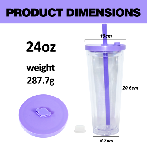AGH US Exclusive 24OZ Plastic Leak-proof Snow Globe Double wall acrylic tumbler cups with Color mixed lids and bubble tea straws 10pcs/carton