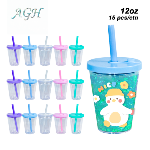 AGH US Exclusive 12OZ Kids Leak-Proof Snow Globe Double wall Plastic tumbler cups with mixed color lids and bubble tea straws For Halloween Christmas Custom DIY 15pcs/carton