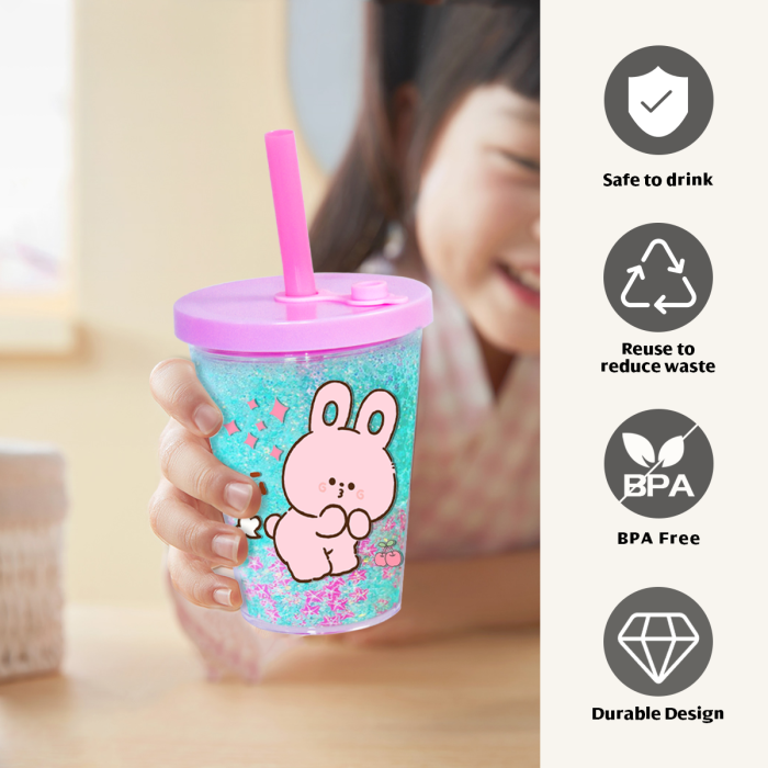 AGH US Exclusive 12OZ Kids Leak-Proof Snow Globe Double wall Plastic tumbler cups with mixed color lids and bubble tea straws For Halloween Christmas Custom DIY 15pcs/carton