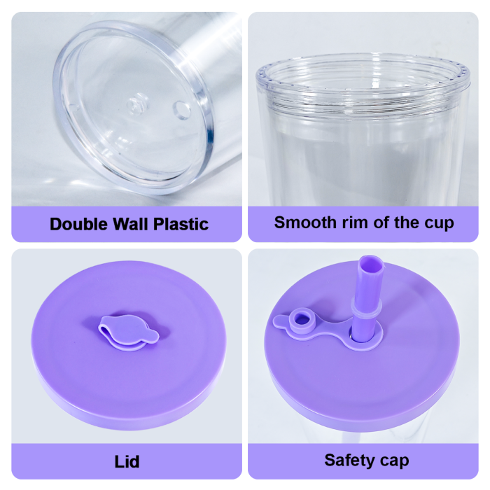 AGH US Exclusive 24OZ Plastic Leak-proof Snow Globe Double wall acrylic tumbler cups with Color mixed lids and bubble tea straws 10pcs/carton