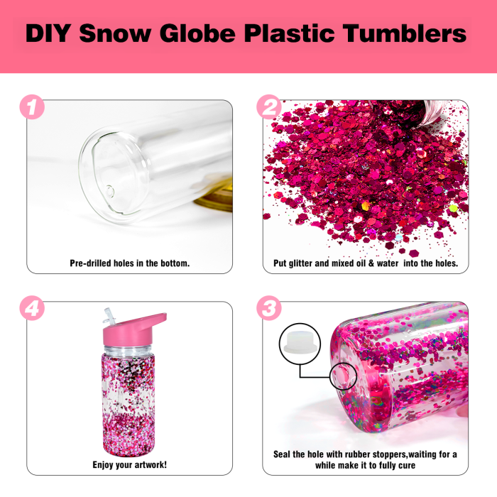 AGH US 300ml 10oz acrylic snow globe cup double wall plastic kids water bottle with colorful handle lid (mixed 4 color) 12pcs/carton