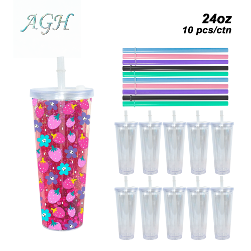 AGH US Exclusive 24OZ Plastic Leak-proof Snow Globe Double wall acrylic tumbler cups with lids and bubble tea straws For Halloween Christmas Custom DIY 10pcs/carton