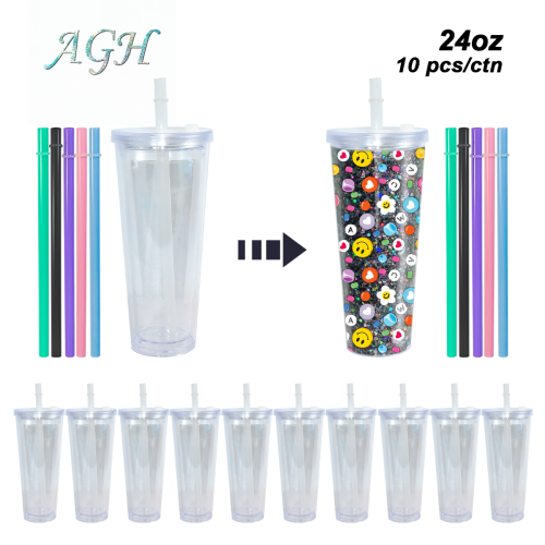 AGH US Exclusive 24OZ Plastic Leak-proof Snow Globe Double wall acrylic tumbler cups with Clear lids and bubble tea straws 10pcs/carton