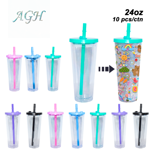 AGH US Exclusive 24OZ Plastic Leak-proof Snow Globe Double wall acrylic tumbler cups with Color mixed lids and bubble tea straws 10pcs/carton