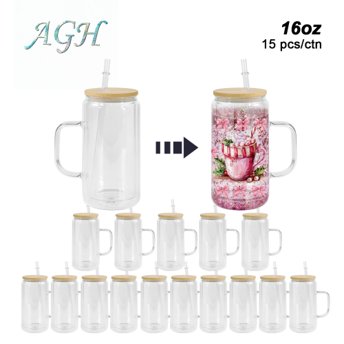 AGH US 16 OZ Snow Globe double wall Glass handle tumbler with bamboo lids 15pcs/carton