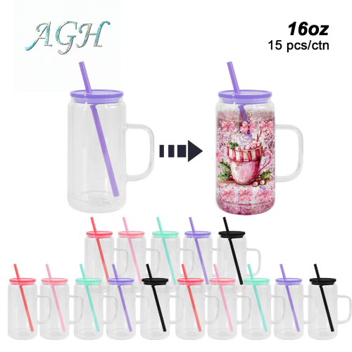 AGH US 16OZ Snow Globe double wall Glass handle tumbler with mixed color plastic lids 15pcs/carton Packaging-Upgraded Version