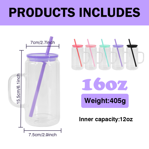 AGH US 16OZ Snow Globe double wall Glass handle tumbler with mixed color plastic lids 15pcs/carton Packaging-Upgraded Version