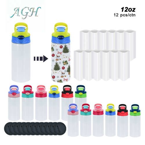 AGH US 12OZ Steel Sublimation kids water bottler tumbler with handle flip straw lids with rubber bottom and shrink wrap