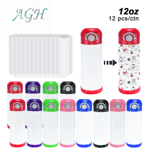 AGH US 12OZ Stainless steel sublimation kids water bottler tumbler with flip lids with rubber bottom and shrink wrap