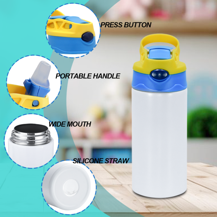 AGH US 12OZ Steel Sublimation kids water bottler tumbler with handle flip straw lids with rubber bottom and shrink wrap