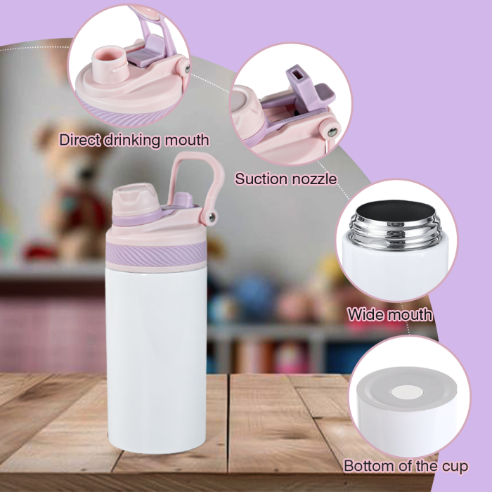 AGH US 12 OZ Sublimation Blank Kids Sports water bottle with mixed color handle Lids, rubber bottom and shrink wrap 10pcs/carton