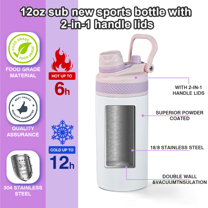 AGH US 12 OZ Sublimation Blank Kids Sports water bottle with mixed color handle Lids, rubber bottom and shrink wrap 10pcs/carton