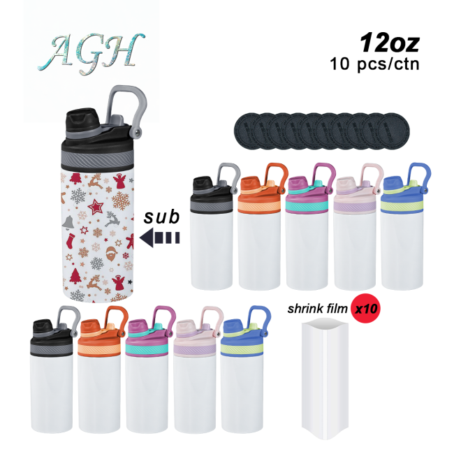 AGH US 12 OZ Sublimation Blank Kids Sports water bottle with mixed color handle Lids, rubber bottom and shrink wrap 10pcs/carton