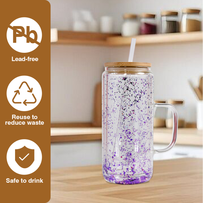 AGH US 20OZ Exclusive Snow Globe double wall Glass glitter handle tumbler with bamboo lids 15pcs/carton