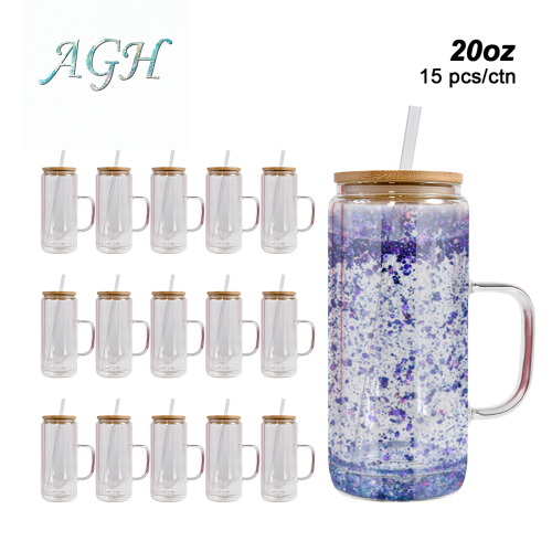AGH US 20OZ Exclusive Snow Globe double wall Glass glitter handle tumbler with bamboo lids 15pcs/carton