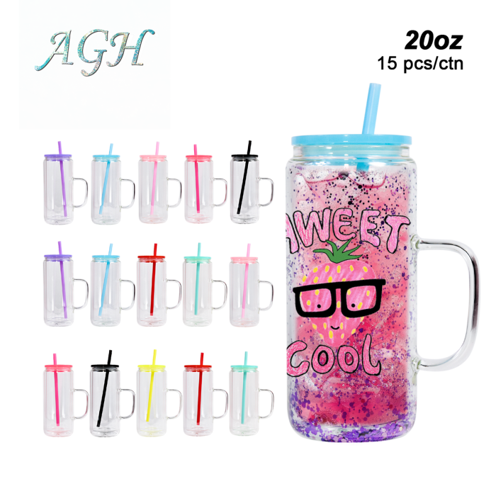 AGH US 20OZ Exclusive Snow Globe double wall Glass glitter handle tumbler with bamboo lids 15pcs/carton