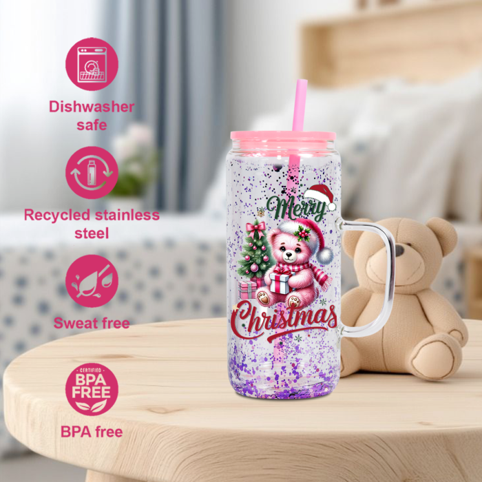 AGH US 20OZ Exclusive Snow Globe double wall Glass glitter handle tumbler with mixed color plastic lids 15pcs/carton