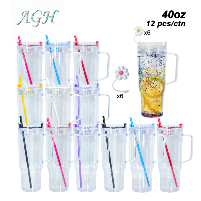 AGH US 12pcs/carton 40OZ Snow Globe Plastic double wall Snow globe acrylic cups tumbler with lids and straw and silicone straw topper/cover