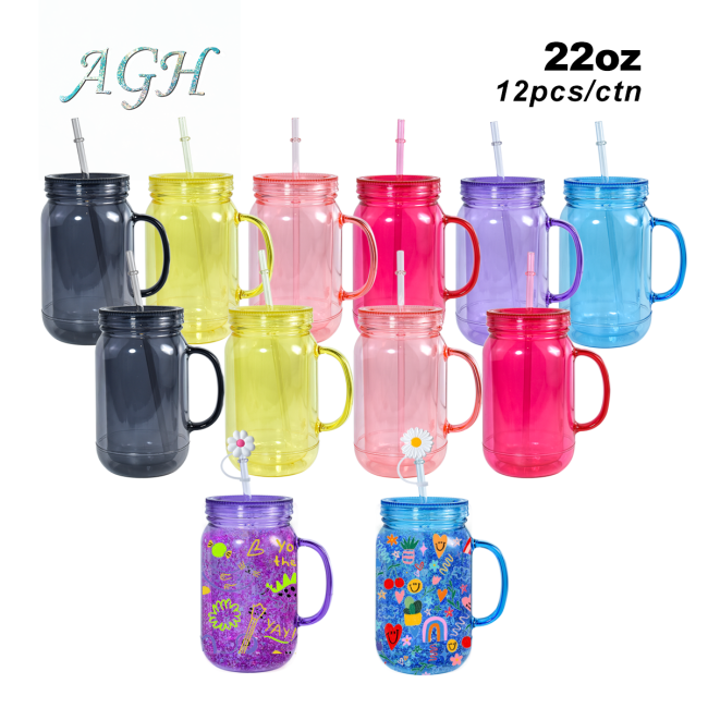 AGH US New Collection Exclusive 22 OZ Acrylic Snow Globe Tumblers Double walled Plastic Cups with straw toppers 12pcs/ctn for UVDTF Printing