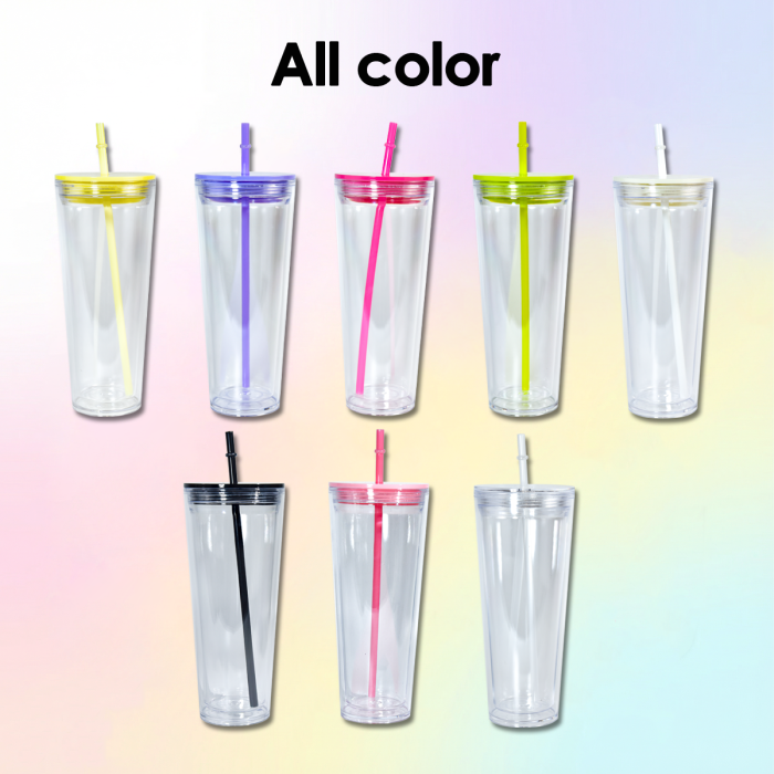 AGH US 8pcs/carton 24oz acrylic snow globe tumbler cups for glitter/UV sticker/3d DIY, 24oz glitter bling plastic double-wall cups with mixed color lids and straw