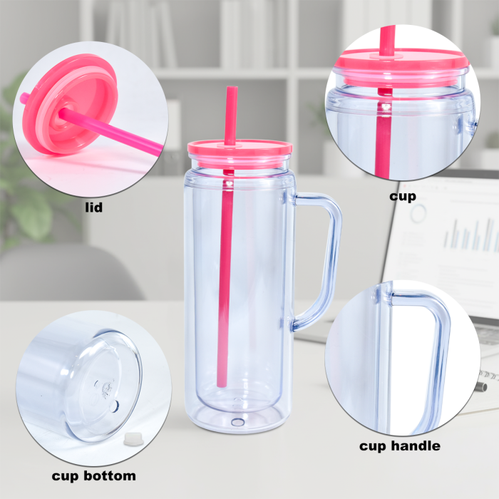 AGH US STOCKED New Collection 12pcs 20 oz Snow Globe Handle Tumbler Mixed Color Double Wall Plastic Handle Cups with Straw Topper for DIY Glitter Gift Water Bottle