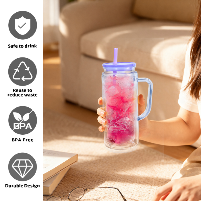 AGH US STOCKED New Collection 12pcs 20 oz Snow Globe Handle Tumbler Mixed Color Double Wall Plastic Handle Cups with Straw Topper for DIY Glitter Gift Water Bottle
