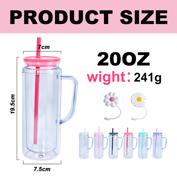 AGH US STOCKED New Collection 12pcs 20 oz Snow Globe Handle Tumbler Mixed Color Double Wall Plastic Handle Cups with Straw Topper for DIY Glitter Gift Water Bottle