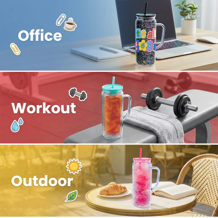 AGH US STOCKED New Collection 12pcs 20 oz Snow Globe Handle Tumbler Mixed Color Double Wall Plastic Handle Cups with Straw Topper for DIY Glitter Gift Water Bottle