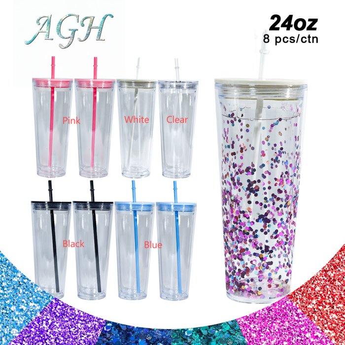 AGH US 8pcs/carton 24oz acrylic snow globe tumbler cups for glitter/UV sticker/3d DIY, 24oz glitter bling plastic double-wall cups with mixed color lids and straw