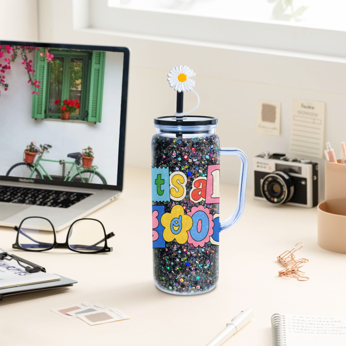 AGH US STOCKED New Collection 12pcs 20 oz Snow Globe Handle Tumbler Mixed Color Double Wall Plastic Handle Cups with Straw Topper for DIY Glitter Gift Water Bottle