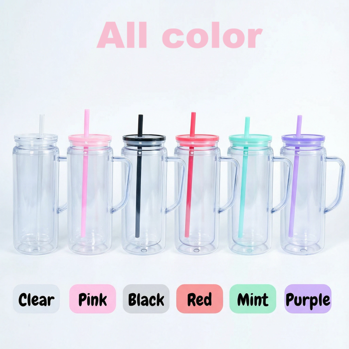 AGH US STOCKED New Collection 12pcs 20 oz Snow Globe Handle Tumbler Mixed Color Double Wall Plastic Handle Cups with Straw Topper for DIY Glitter Gift Water Bottle