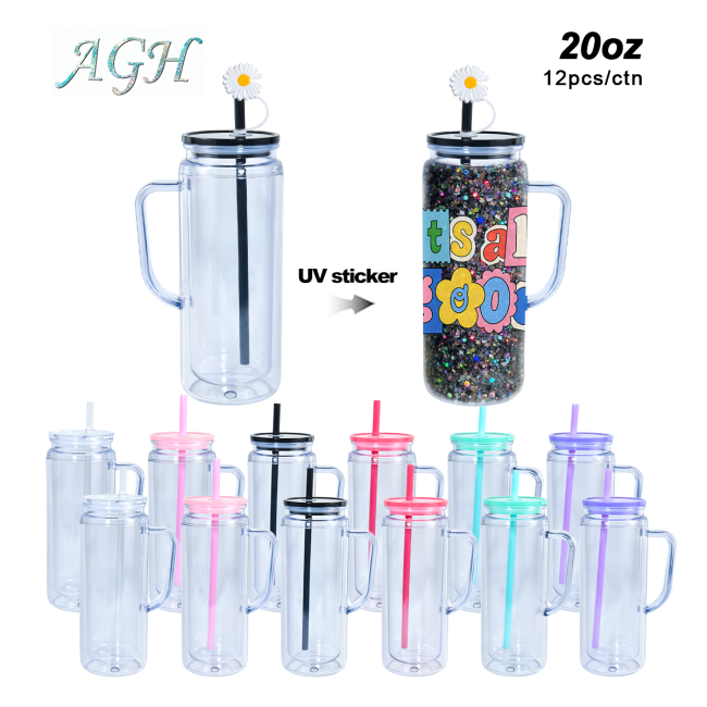 AGH US STOCKED New Collection 12pcs 20 oz Snow Globe Handle Tumbler Mixed Color Double Wall Plastic Handle Cups with Straw Topper for DIY Glitter Gift Water Bottle