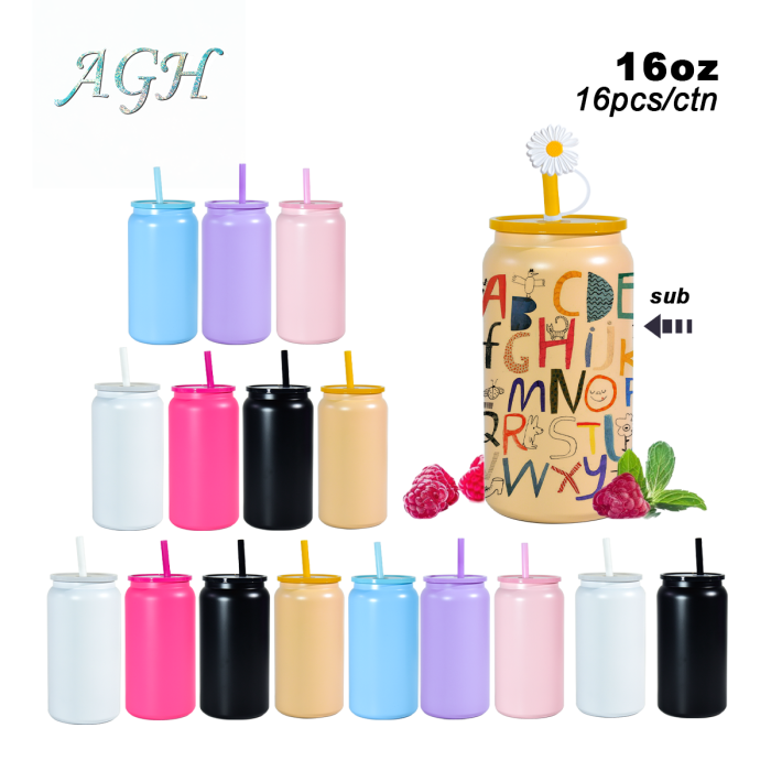 AGH US New Collection Stocked Exclusive 16oz sublimation matte color mixed stainless steel 16oz can mason jar 16pcs for UV sticker sublimation Gift DIY decor