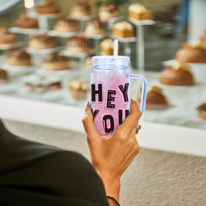 AGH US STOCKED New Collection 12pcs 20 oz Snow Globe Handle Tumbler Mixed Color Double Wall Plastic Handle Cups with Straw Topper for DIY Glitter Gift Water Bottle