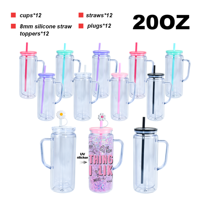 AGH US STOCKED New Collection 12pcs 20 oz Snow Globe Handle Tumbler Mixed Color Double Wall Plastic Handle Cups with Straw Topper for DIY Glitter Gift Water Bottle