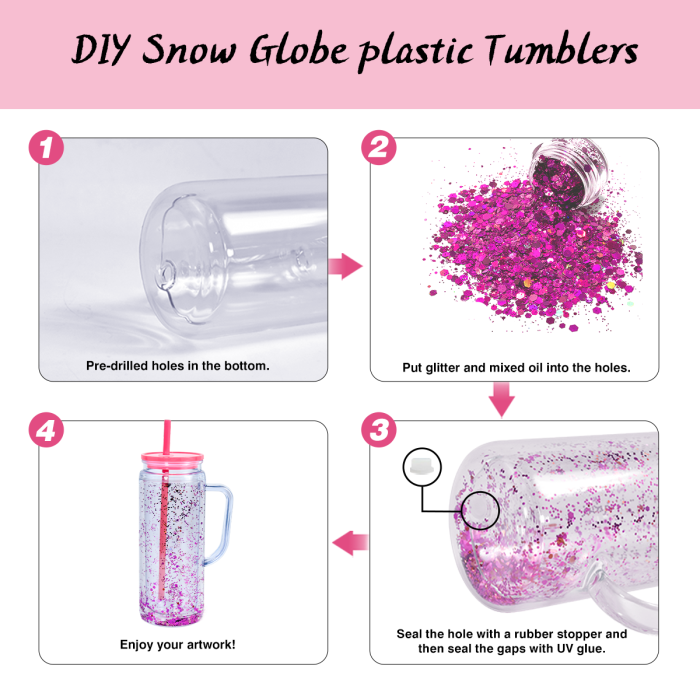 AGH US STOCKED New Collection 12pcs 20 oz Snow Globe Handle Tumbler Mixed Color Double Wall Plastic Handle Cups with Straw Topper for DIY Glitter Gift Water Bottle
