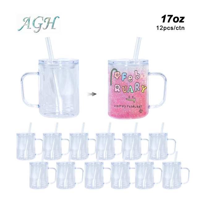 AGH US New Collection 17 OZ Plastic double-wall Snow globe handle coffee mug for glitter diy 12pcs/ctn
