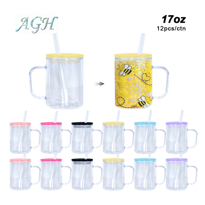 AGH US New Collection 17 OZ Plastic double-wall Snow globe handle coffee mug for glitter diy 12pcs/ctn