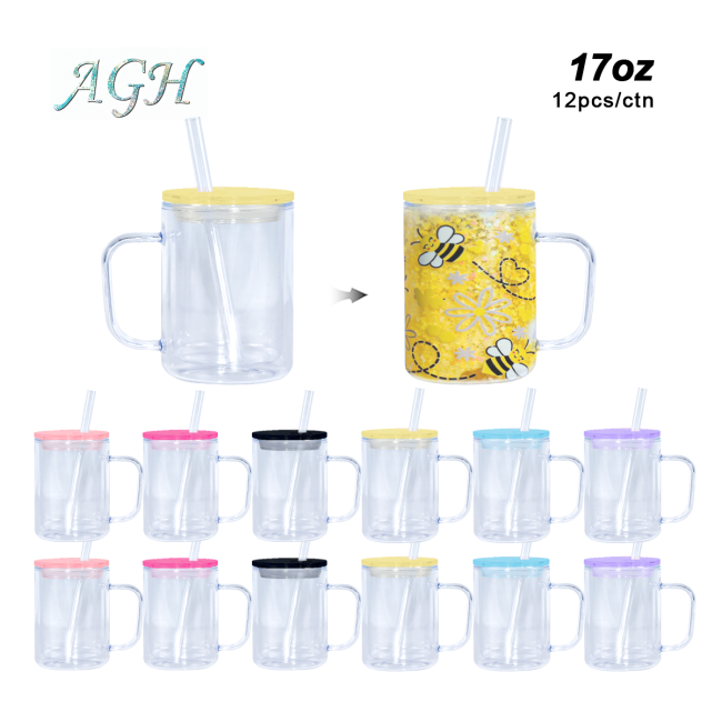 AGH US New Collection 17 OZ Plastic double-wall Snow globe handle coffee mug Mixed color for glitter diy with Pre Drilled Hole And Plugs 12pcs/ctn