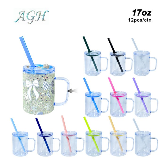 AGH US New Collection 17 OZ Plastic double-wall Snow globe handle coffee mug for glitter diy 12pcs/ctn