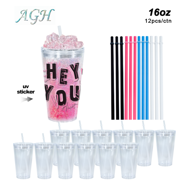 AGH US New Collection 16 OZ Acrylic Snow Globe Tumblers Double walled Plastic Cups with straws 12pcs/ctn for UVDTF Printing