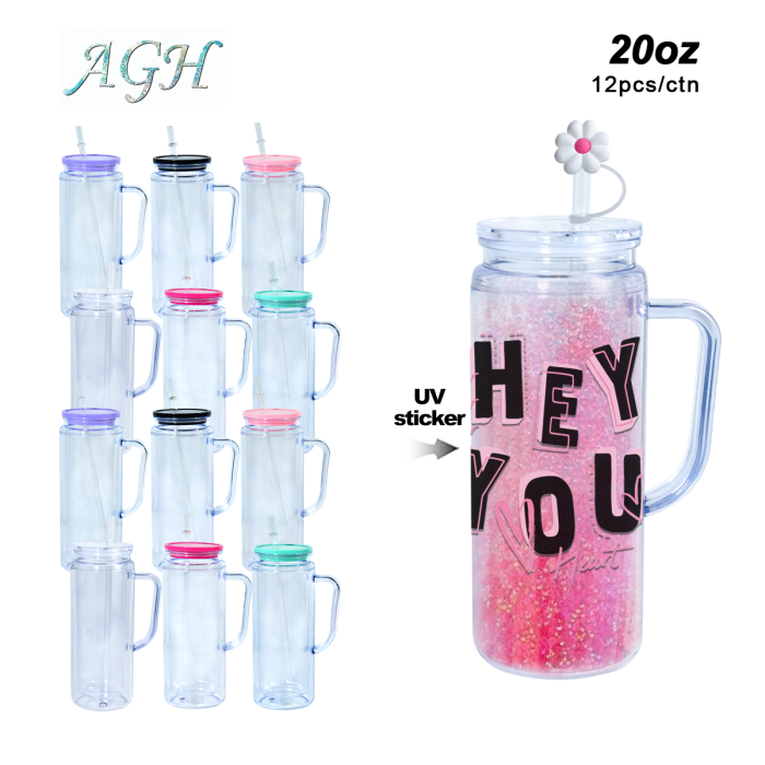 AGH US STOCKED New Collection 12pcs 20 oz Snow Globe Handle Tumbler Mixed Color Double Wall Plastic Handle Cups with Straw Topper for DIY Glitter Gift Water Bottle