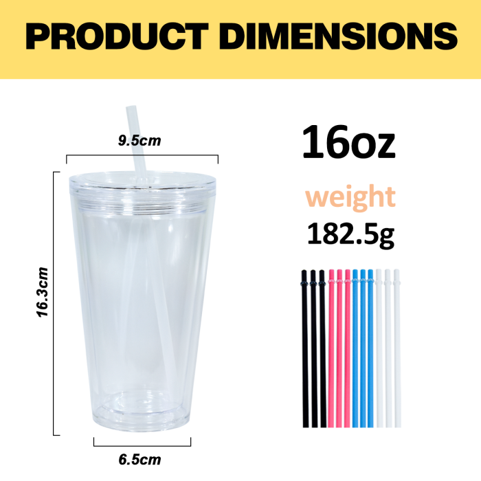 AGH US New Collection 16 OZ Acrylic Snow Globe Tumblers Double walled Plastic Cups with straws 12pcs/ctn for UVDTF Printing