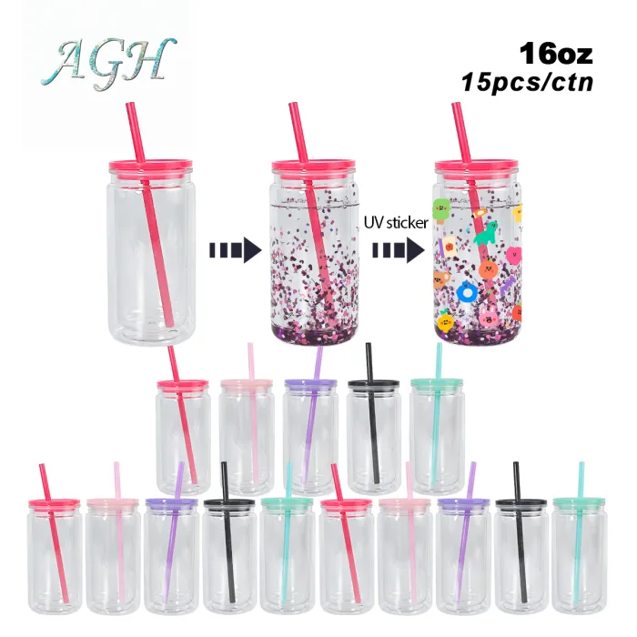 AGH US 15pcs 25pcs 16OZ Plastic double wall Snow globe acrylic cups tumbler with lids and straw