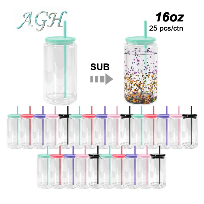 AGH US 15pcs 25pcs 16OZ Plastic double wall Snow globe acrylic cups tumbler with lids and straw