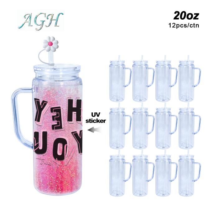AGH US STOCKED New Collection 12pcs 20 oz Snow Globe Handle Tumbler Mixed Color Double Wall Plastic Handle Cups with Straw Topper for DIY Glitter Gift Water Bottle