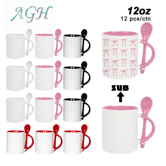 AGH US 15/12OZ Ceramic Sublimation blank coffee mug with wooden bottom or tea spoon 12pcs/carton for custom diy Halloween Christmas  Valentine's decor
